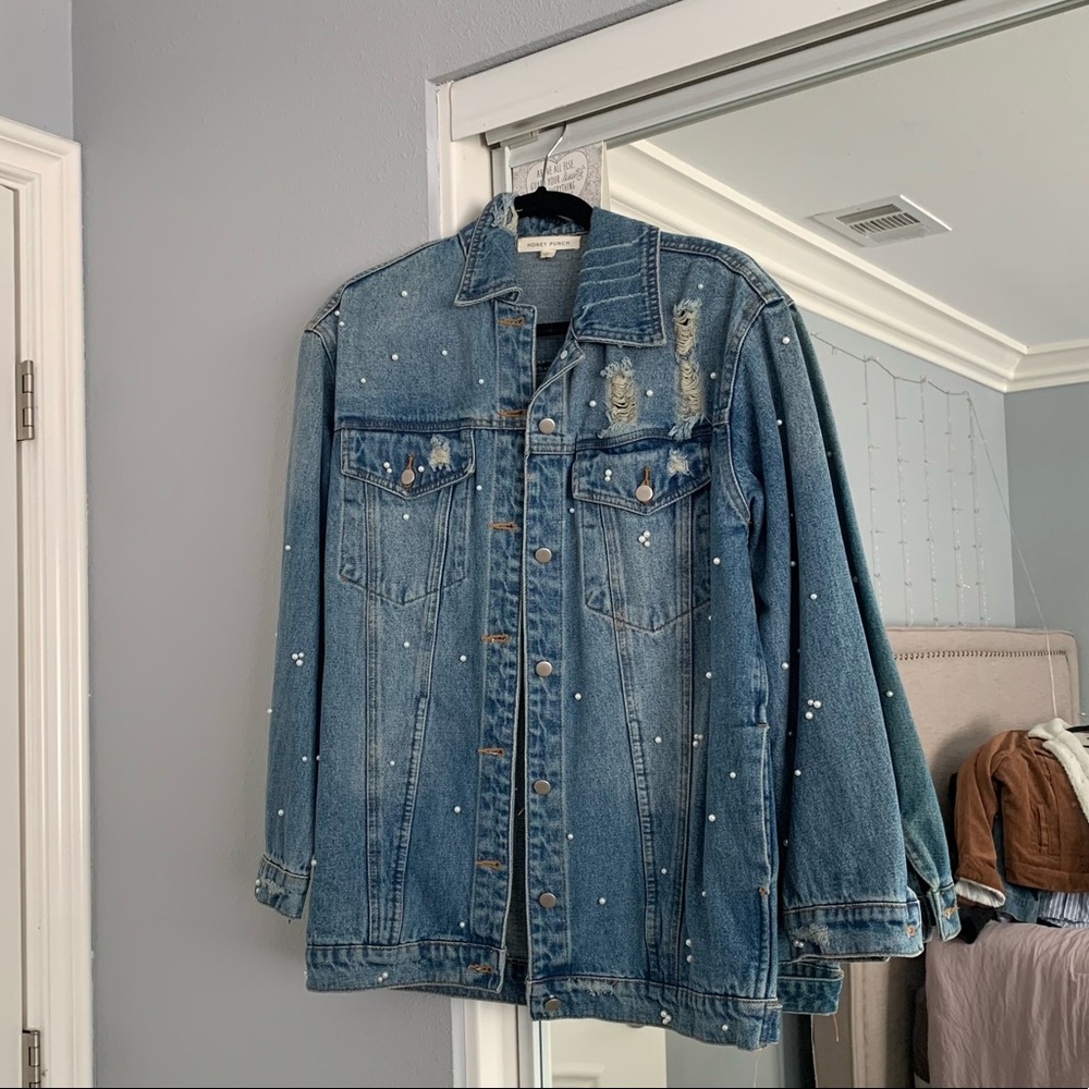 Oversized denim jacket embellished with pearls